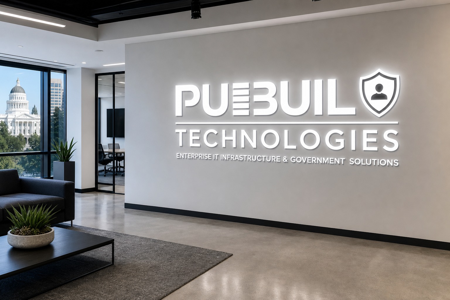 PuBuild headquarters in Sacramento — logo on lobby wall